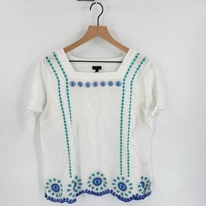 Talbots Embroidered Linen Blend Top Size L White Pastels Summer Nautical Coastal